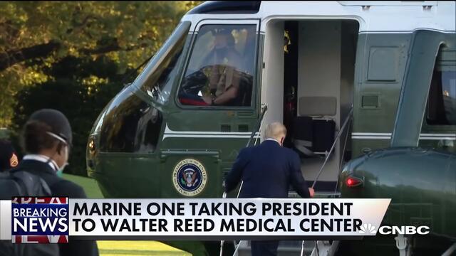 President Trump walks to Marine One before heading over to Walter Reed