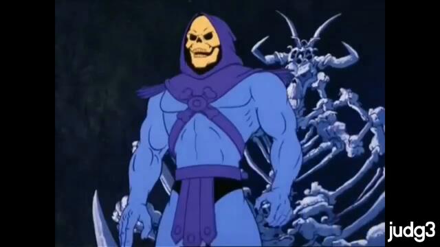 skeletor stands up, then sits down and laughs