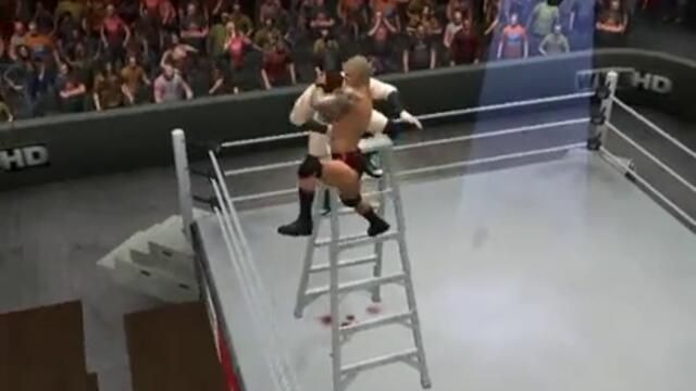 Smackdown vs Raw 2011 - Randy Orton прави RKO върху три маси