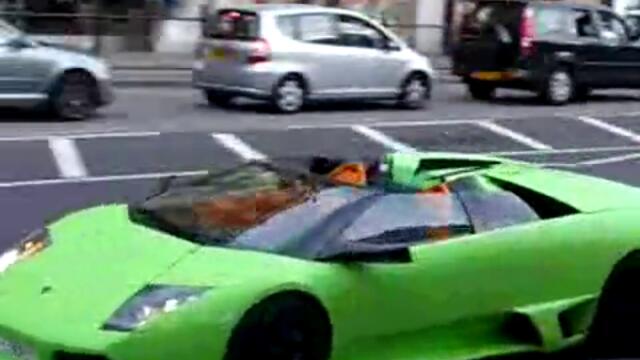 Chrome and Green Lamborghini Murcielago LP640 Roadsters driving around london